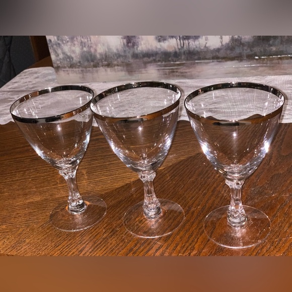 Fostoria Crystal Set of 3 Silver Rim Wine Glasses Water Goblets Cups - Picture 7 of 12